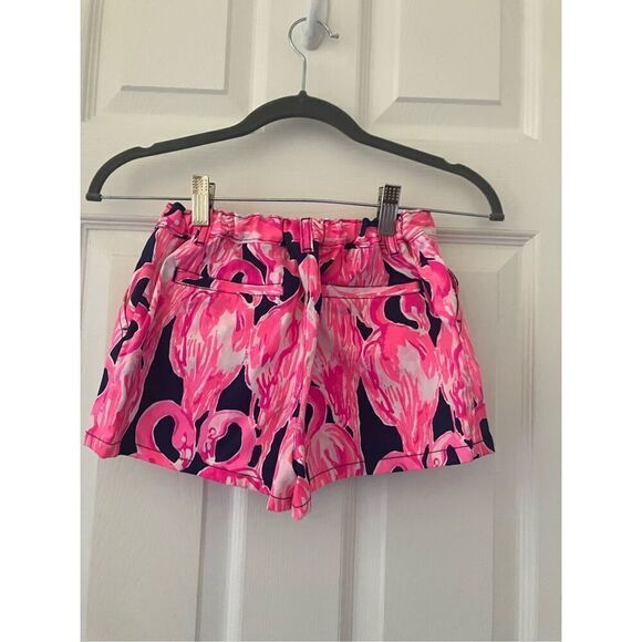 Girls LILLY PULITZER Pink Navy Blue Flamingo Summer Shorts Size 14 - Picture 6 of 8
